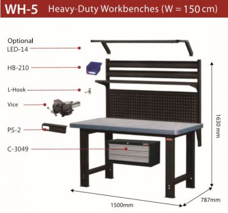 Heavy-Duty Workbench-1500 mm Wide - SHUTER's WH-5 heavy-duty workbench is sturdy and durabile with a great variety of accessories as best solution for your garage workbench solutions.
